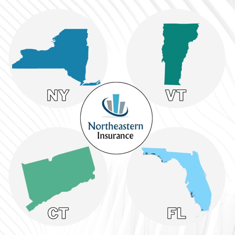 Map highlighting Northeastern Insurance coverage in NY, VT, CT, and FL.