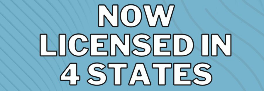 Announcement of licensing in four states on a blue textured background.