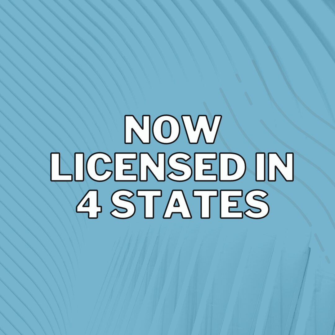 Announcement of licensing in four states on a blue textured background.